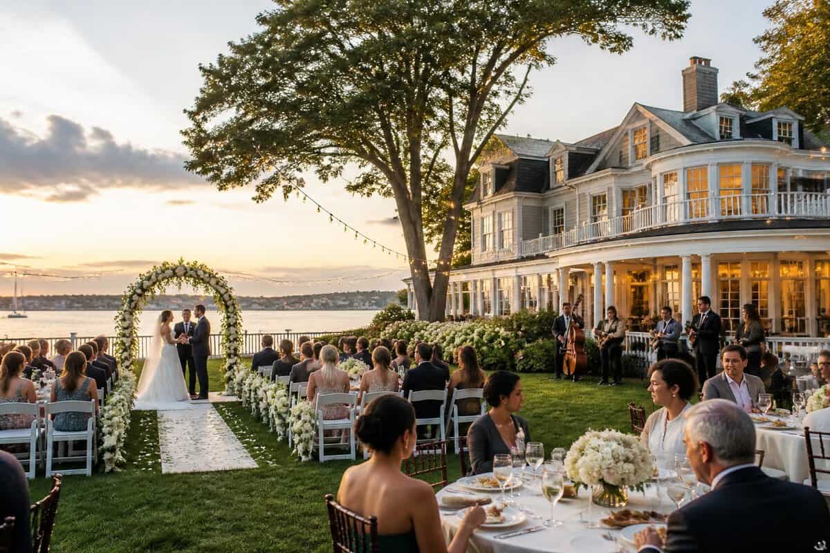A couple celebrates their wedding at an elegant waterfront venue with decorated tables, floral arrangements, and seated guests.