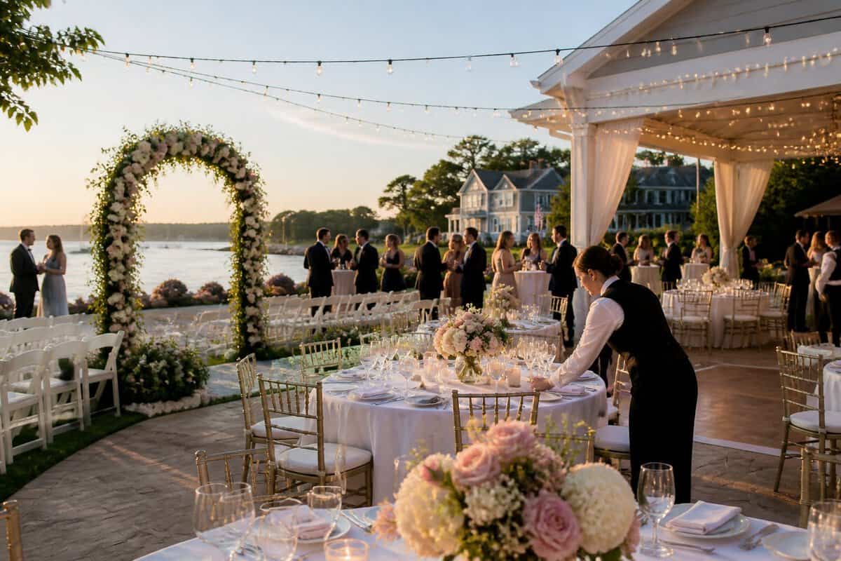 Elegant all-inclusive wedding reception at a Quincy venue with floral decorations, dining tables, and guests near a waterfront garden.