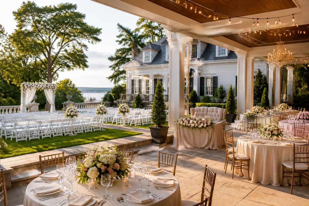 An elegant wedding ceremony and reception setup at a landscaped local venue.