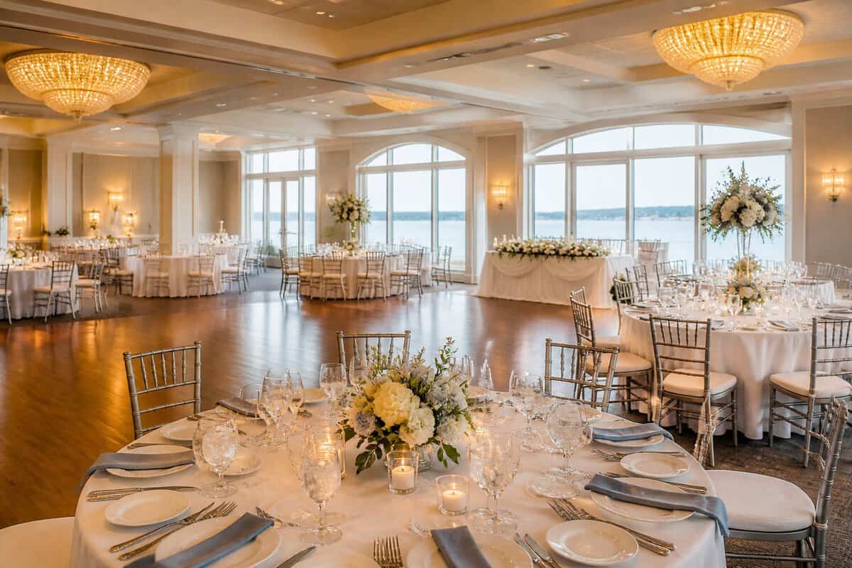 Elegant wedding reception venue with spacious table seating and an open area for dancing.