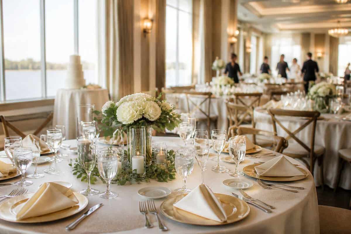 Elegant wedding reception table set inside a bright event venue.