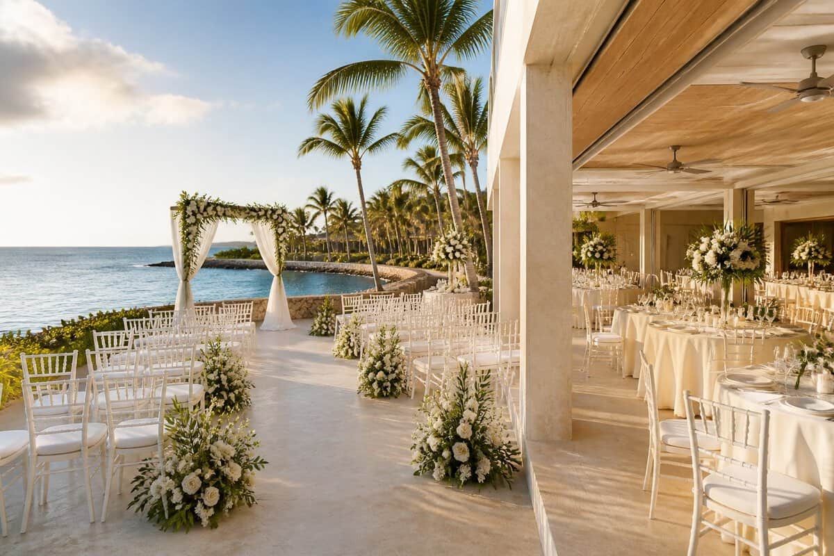 An elegant beachfront wedding venue in Puerto Rico with white chairs, floral decorations, a reception terrace, palm trees, and turquoise ocean water.