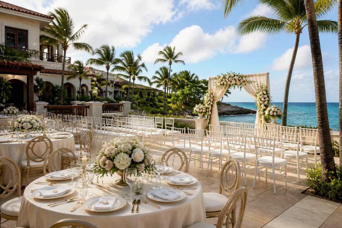 Elegant outdoor wedding setup at a tropical Puerto Rico resort overlooking the ocean.