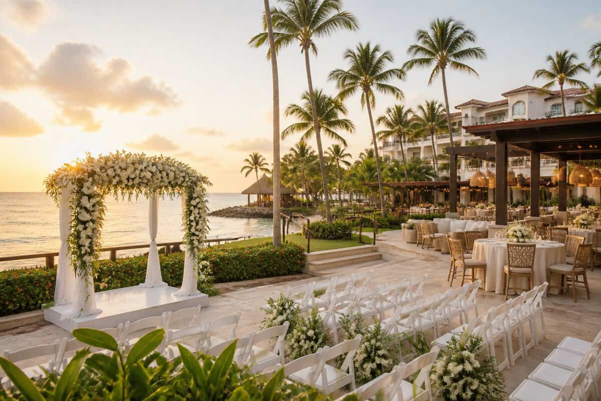 Beachfront resort wedding ceremony setup overlooking the Caribbean in Puerto Rico.