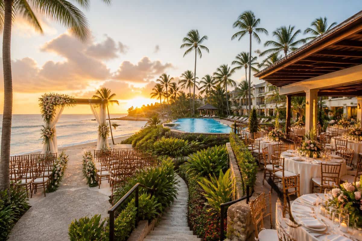 An elegant tropical wedding venue beside a turquoise Caribbean beach with resort buildings, palm trees, a decorated ceremony arch, and a reception area.