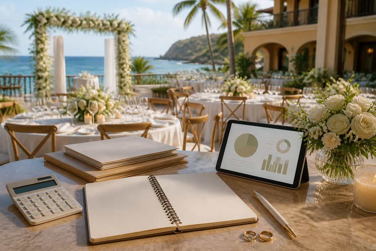 A wedding budget planning setup on a table overlooking a tropical Puerto Rican resort reception venue.