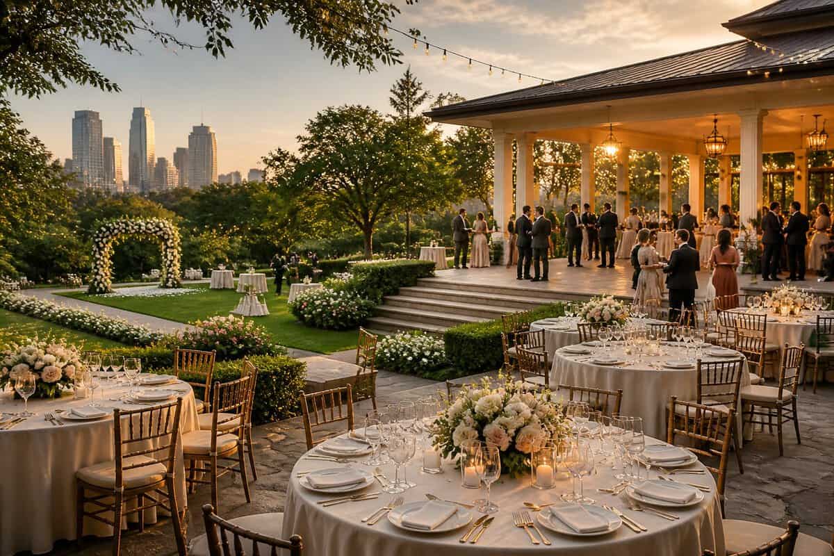Elegant outdoor wedding reception at a landscaped venue with a distant city skyline.