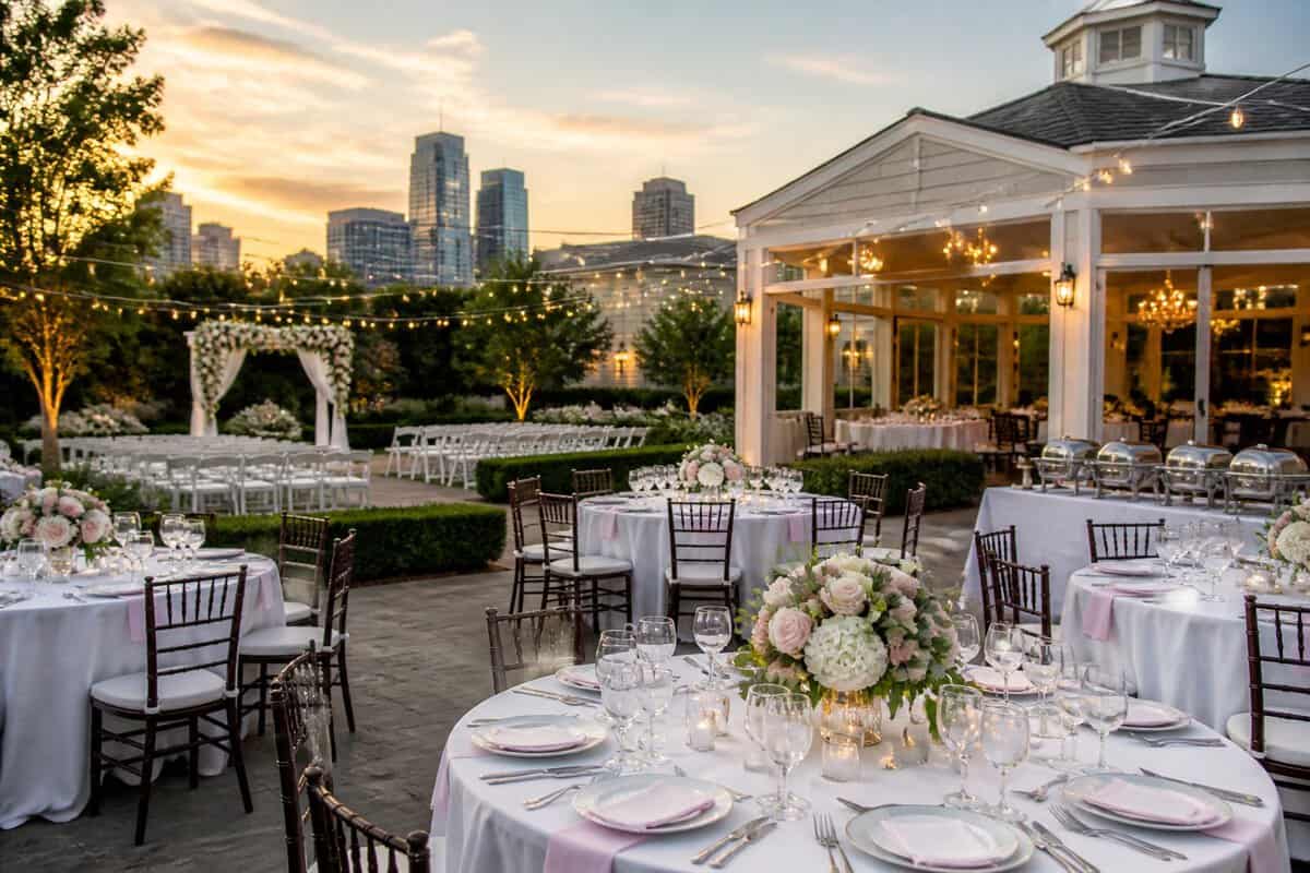 Elegant wedding reception setup at a garden venue with city buildings in the background.