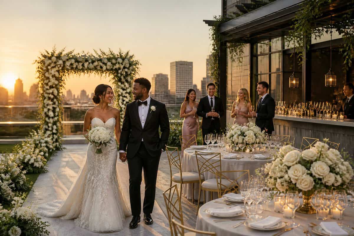 An elegant wedding venue with decorated tables, a couple, guests, and a city skyline in the background.