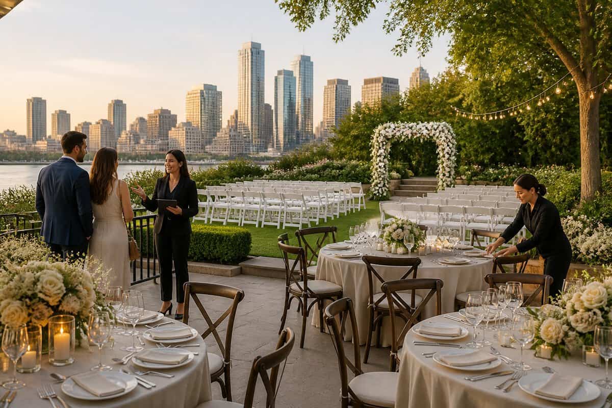 An elegant wedding venue with decorated tables, a floral ceremony arch, guests, and a city skyline in the background.
