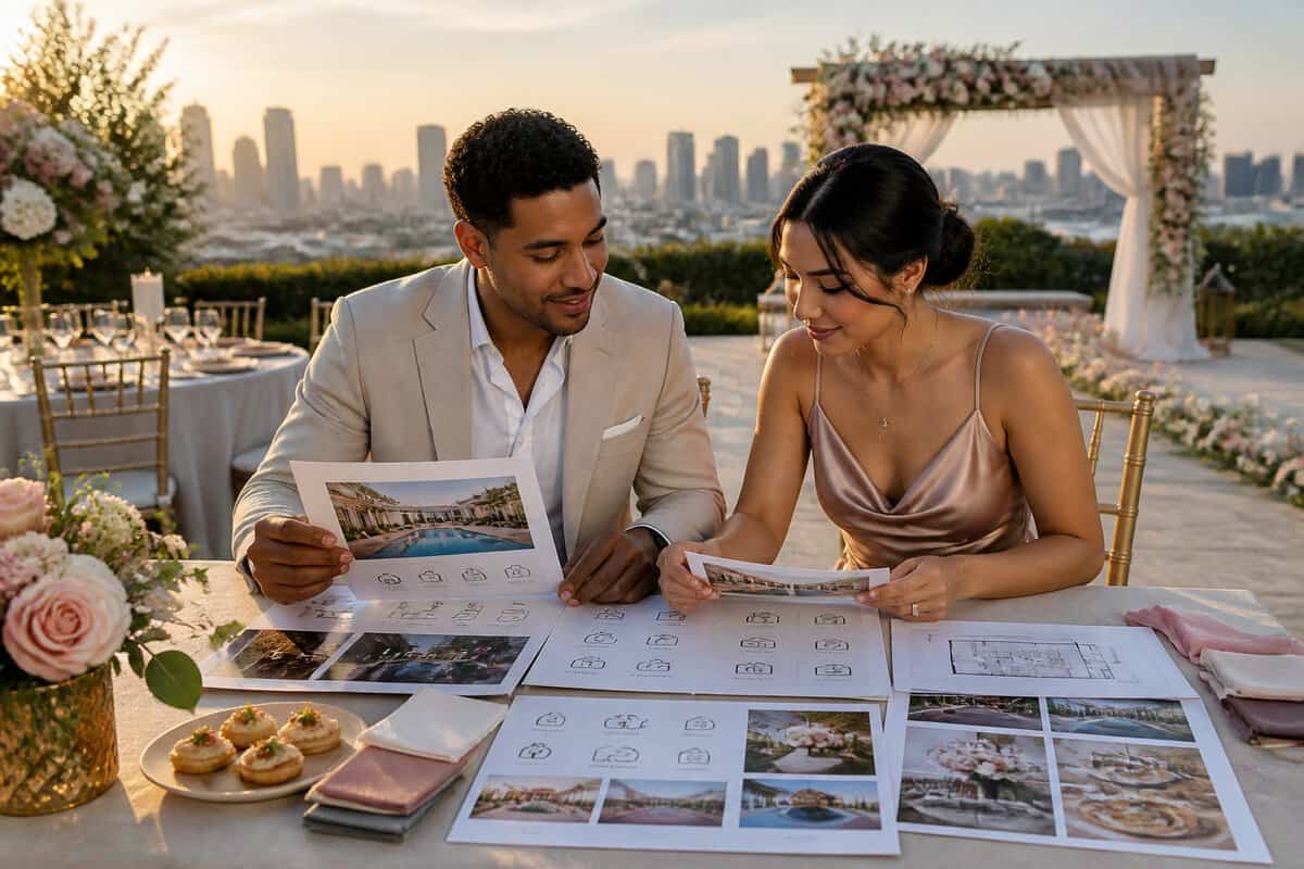 An engaged couple compares wedding package materials at an elegant venue with a city skyline in the background.