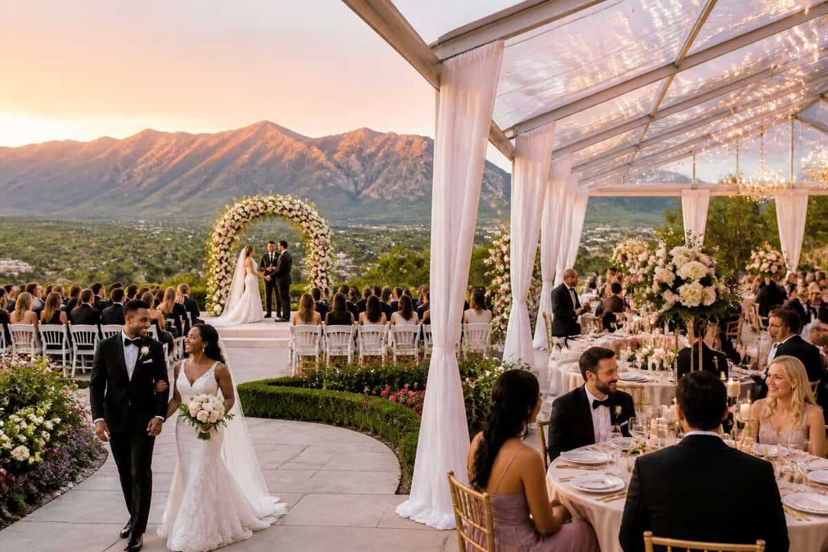 An elegant outdoor wedding ceremony and reception with guests, floral decorations, and mountain views.