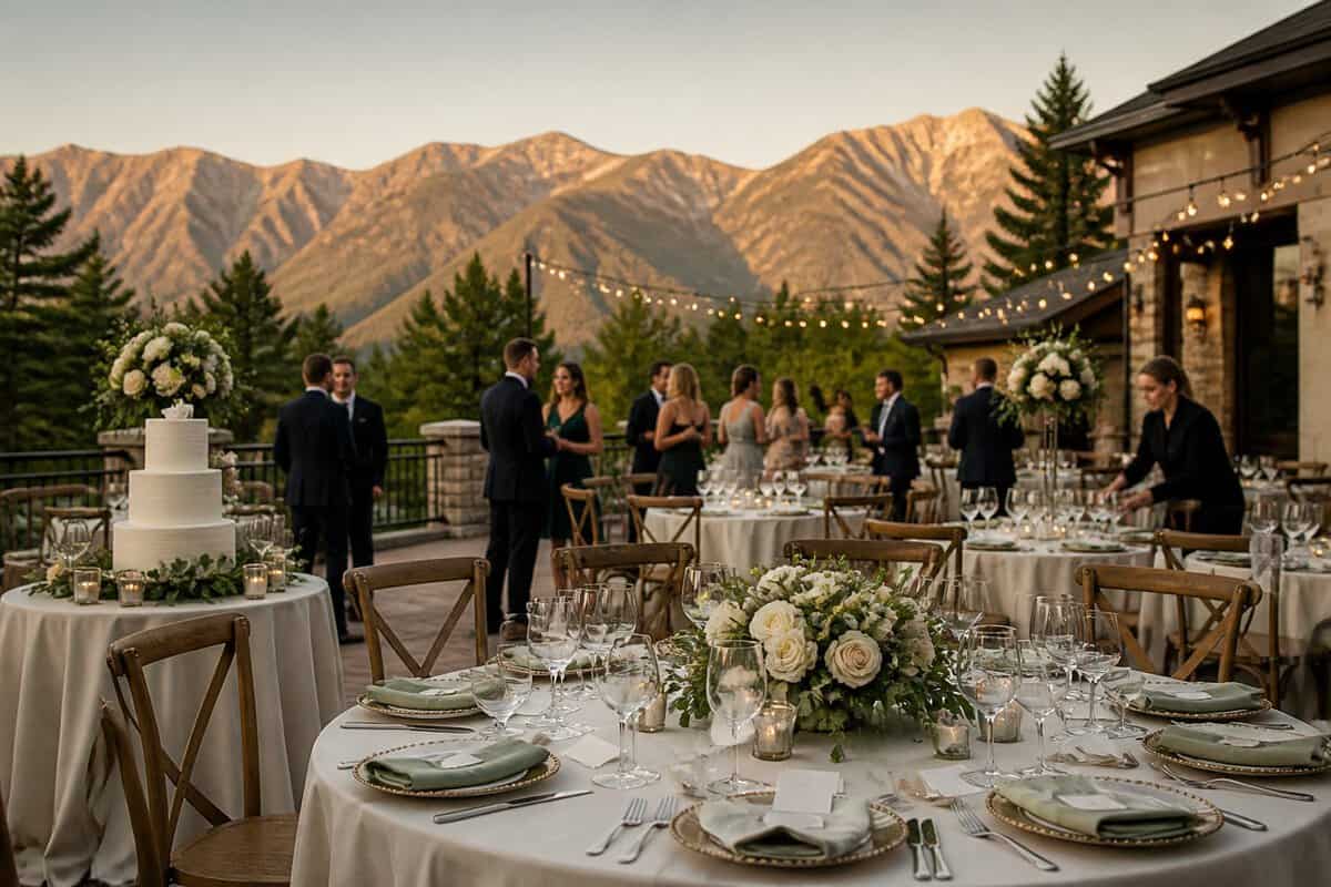 An elegant outdoor wedding reception set on a terrace with decorated tables, a wedding cake, guests, and mountains in the background.