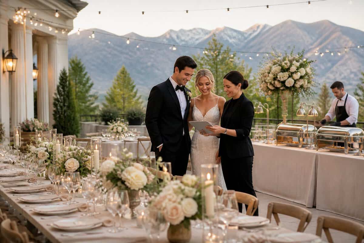 A couple reviews wedding arrangements with a coordinator at an elegant reception venue with mountain views.