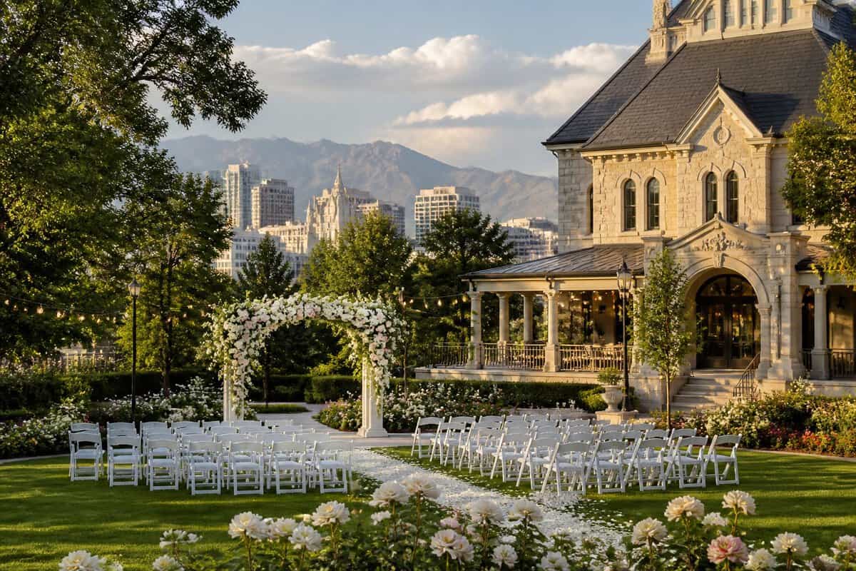 Elegant garden wedding ceremony setup outside a historic venue with Salt Lake City and the Wasatch Mountains in the background.
