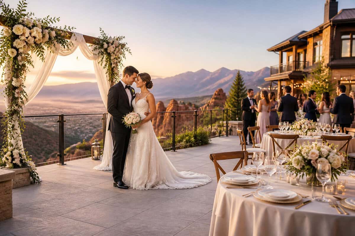 Newlywed couple celebrating at a mountain resort wedding venue overlooking canyon scenery and a city valley.