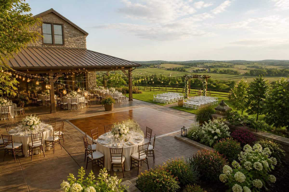 An elegant countryside wedding venue with a stone reception hall, decorated tables, outdoor ceremony area, and rolling farmland.