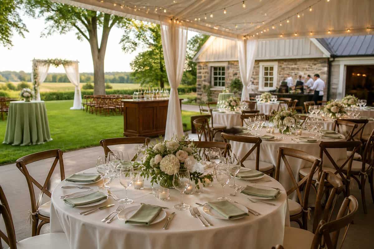 An elegant outdoor wedding reception with decorated tables, a ceremony arch, and countryside surroundings.