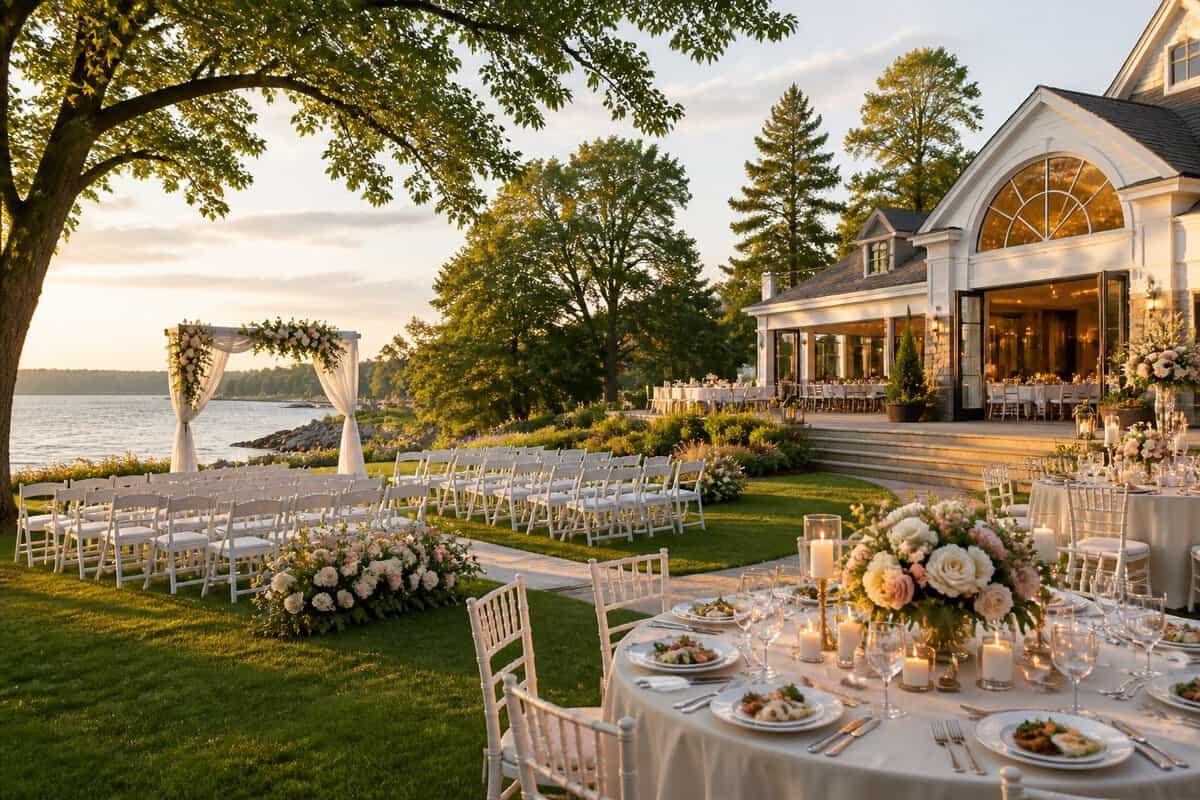 An elegant lakeside wedding venue in Ontario with decorated ceremony chairs, floral arrangements, and a reception pavilion.