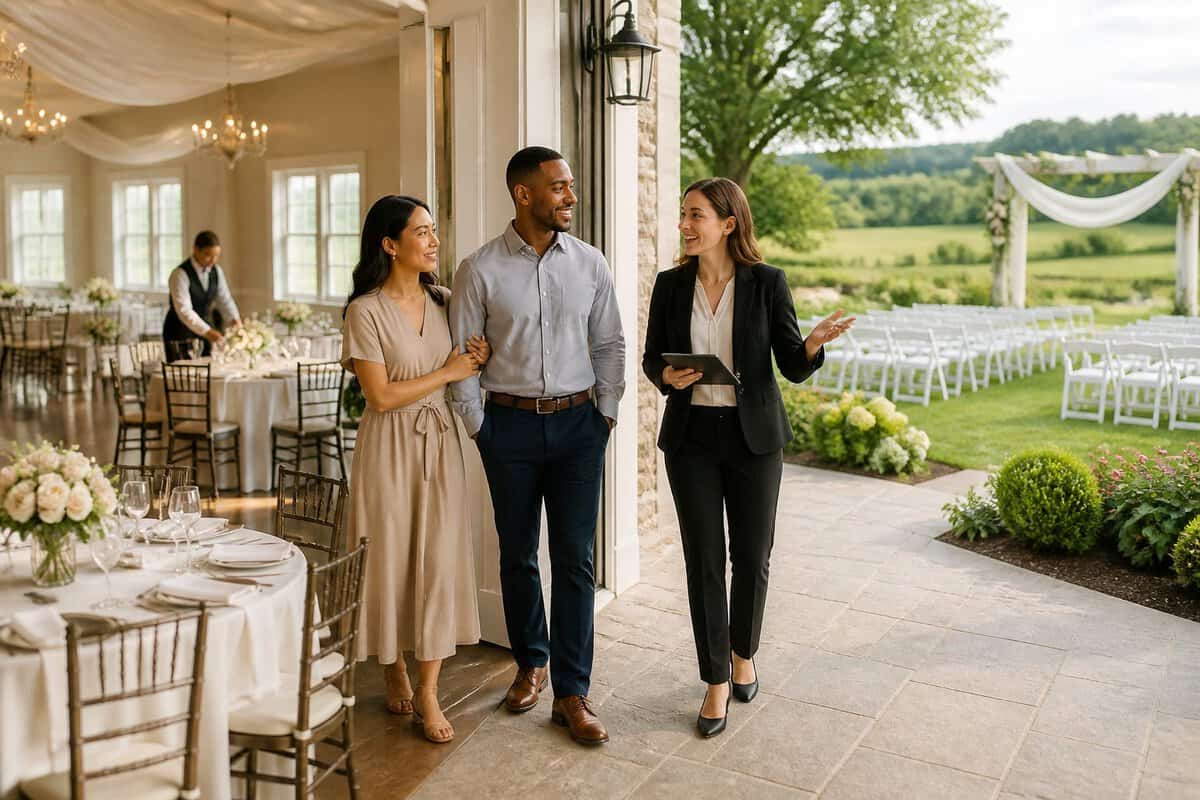 A couple tours an elegant countryside wedding venue with a coordinator near a decorated outdoor ceremony space.