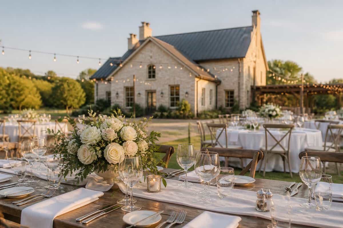 Elegant outdoor wedding reception tables at a countryside venue.