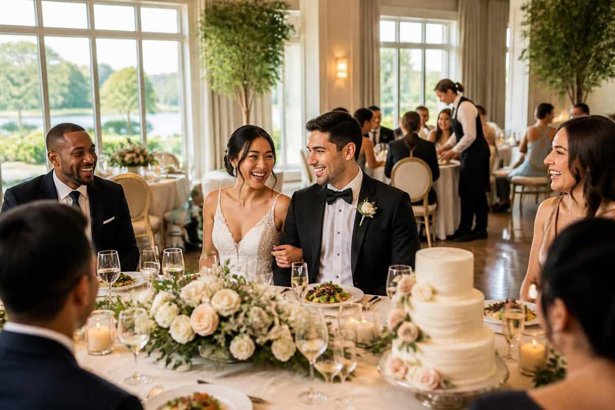 A newlywed couple and guests celebrate at an elegantly arranged wedding reception with decorated tables, plated meals, and a tiered cake.