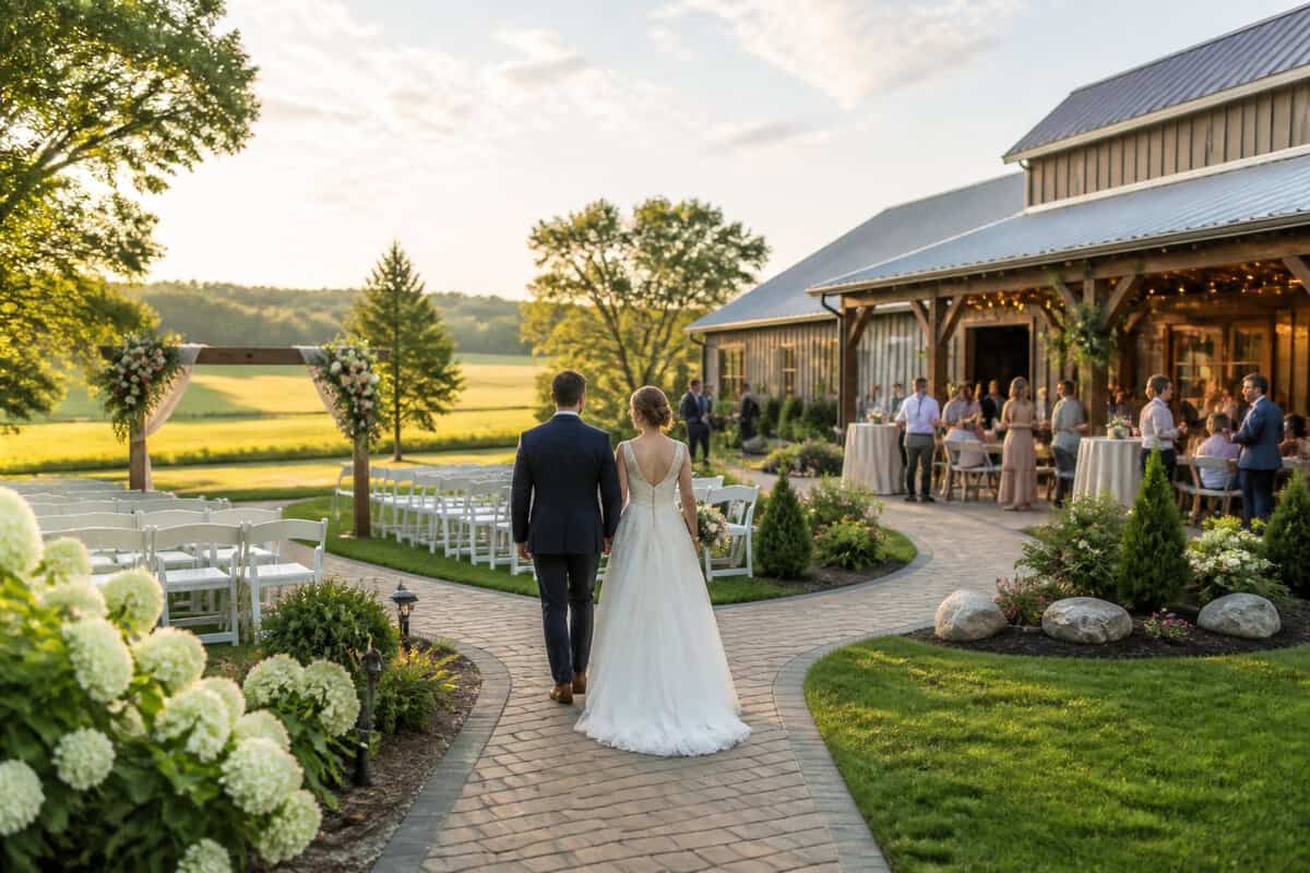 An elegant outdoor wedding ceremony and reception area surrounded by trees and rolling countryside.