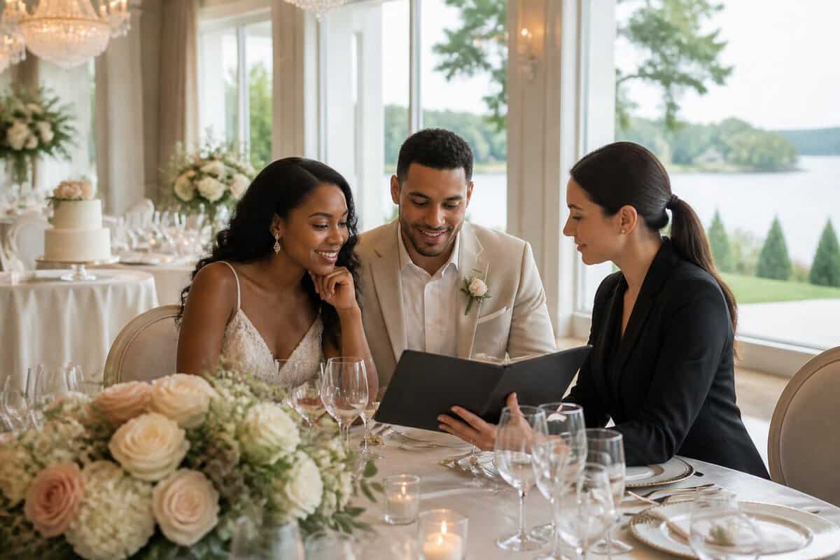 A couple reviews wedding package options with a venue coordinator in an elegant reception venue.