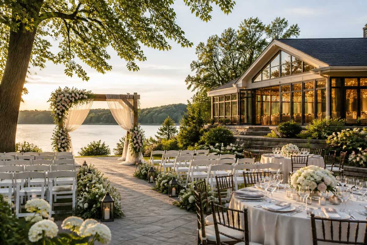 Elegant wedding ceremony and reception setup at an Ontario countryside venue beside a lake.