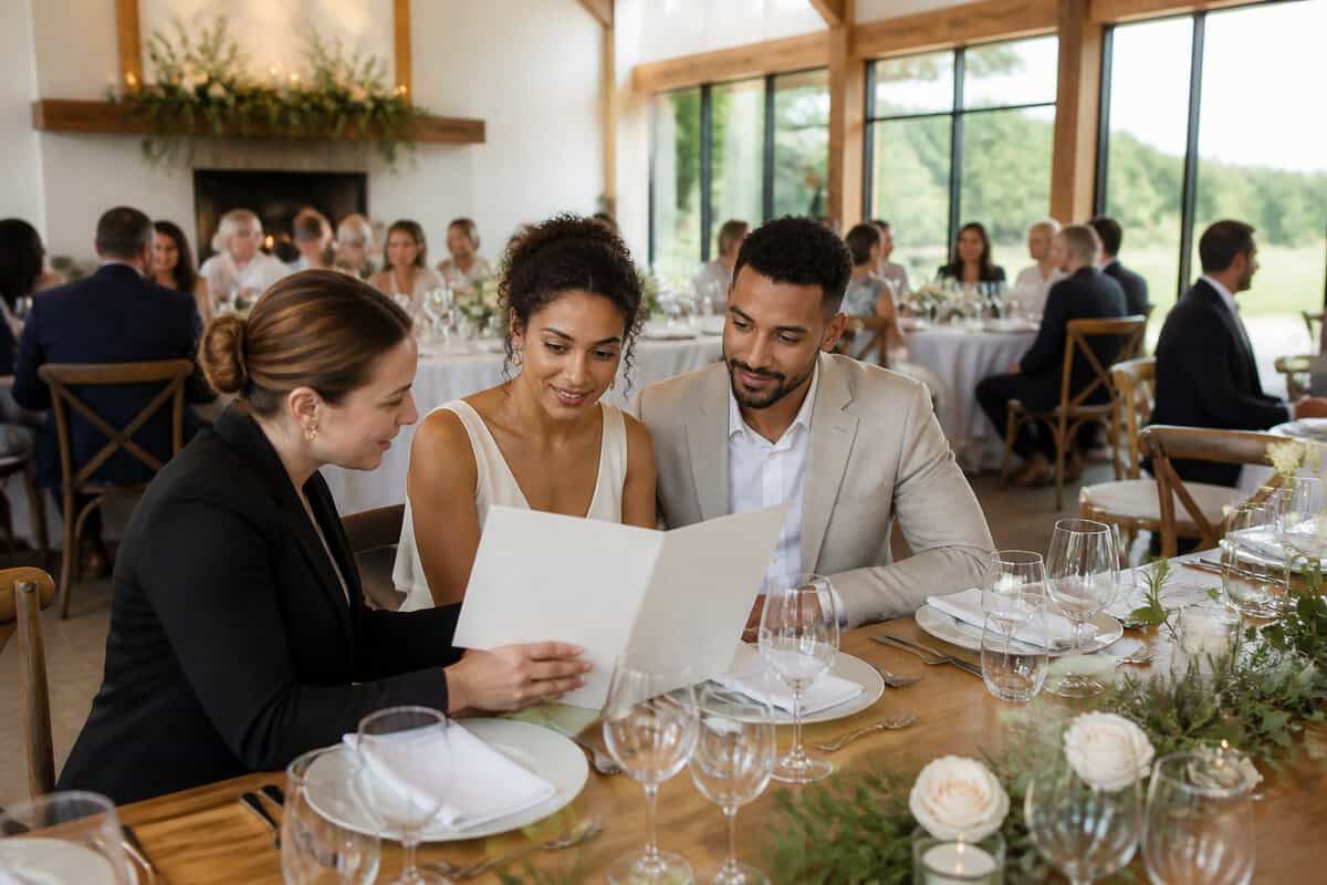 A couple and an event coordinator review wedding plans in an elegant reception venue prepared for guests.