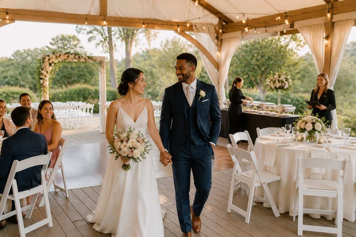 A couple and guests celebrate at an elegantly decorated outdoor wedding venue with seating, dining tables, and a reception pavilion.