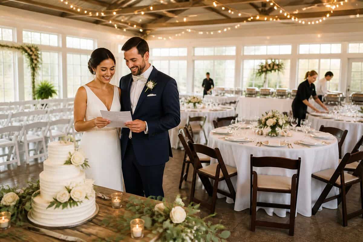 A newlywed couple admires an elegantly decorated, budget-friendly wedding reception venue.