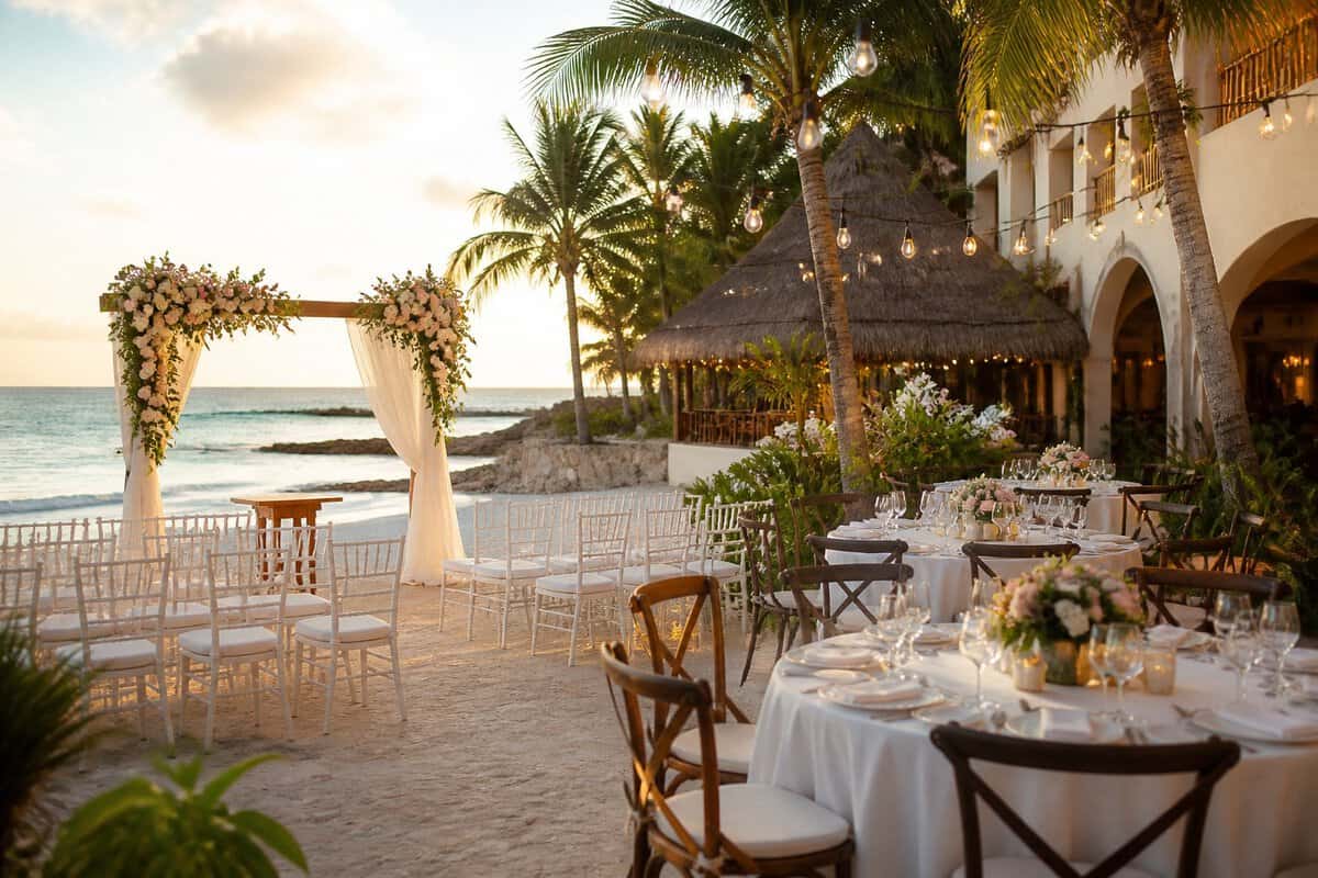 An elegant beachfront wedding ceremony and reception setup at a Mexican resort.