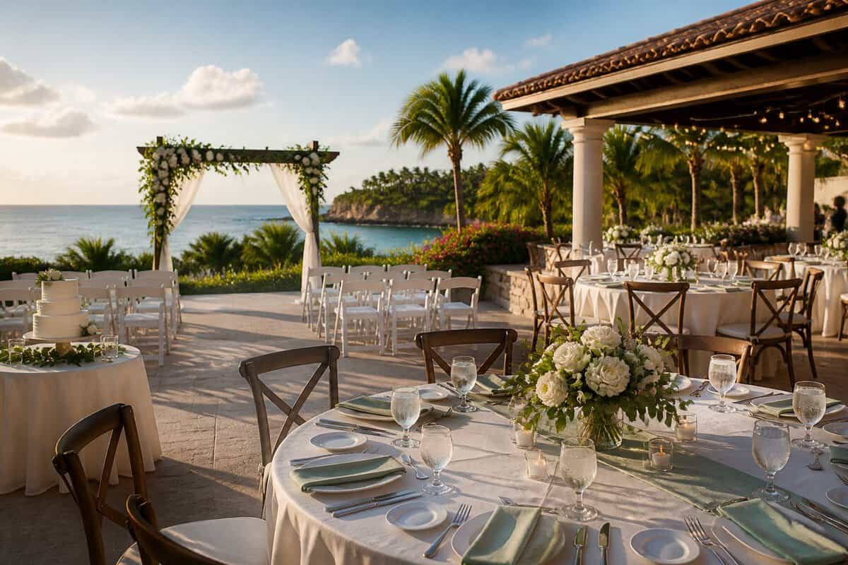 An elegant outdoor wedding ceremony and reception setup at a scenic resort overlooking tropical gardens and blue water.
