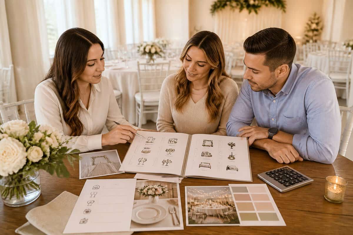 A couple compares wedding venue package materials with a coordinator at a reception table.