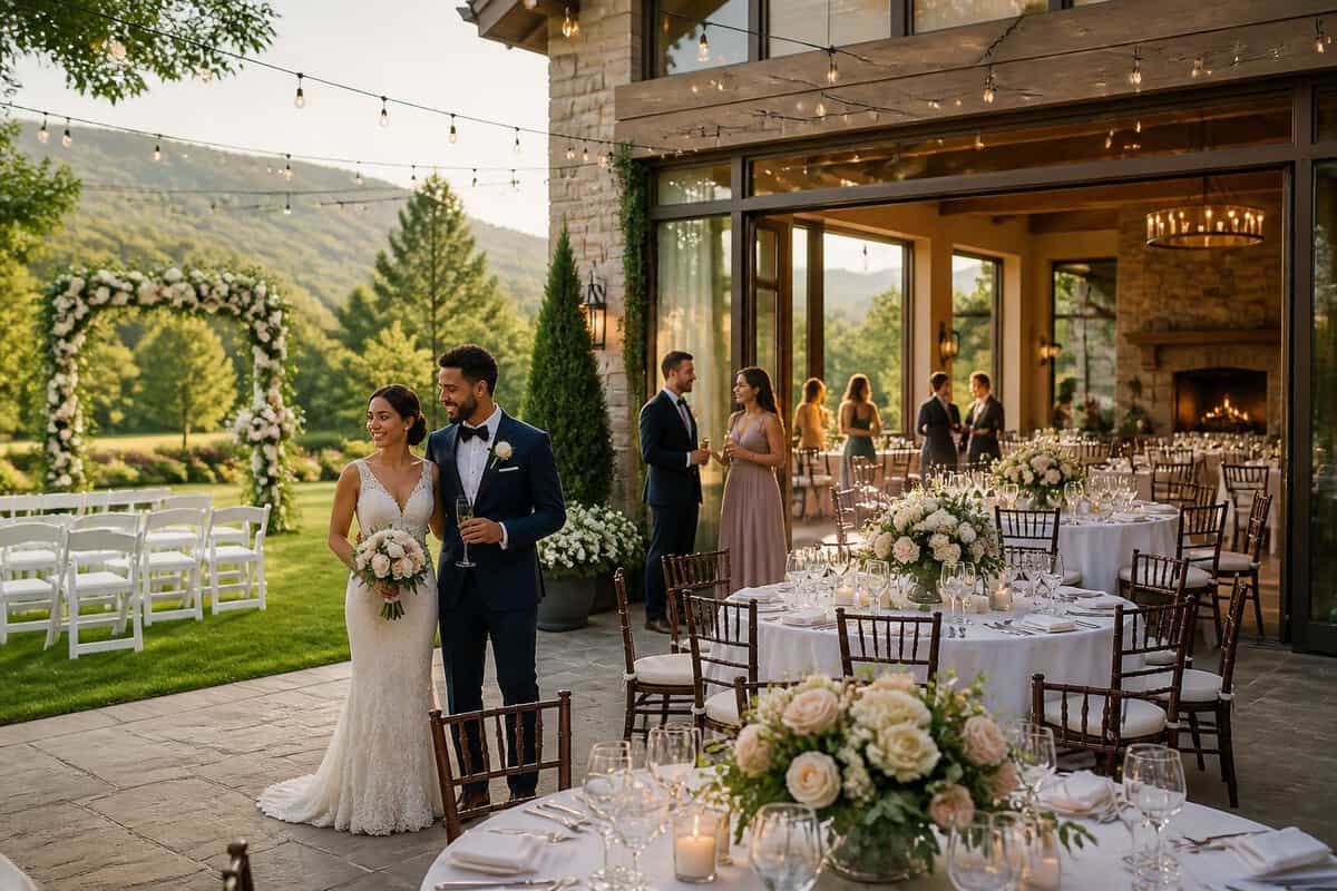 An elegant wedding venue with a floral ceremony arch, decorated reception tables, landscaped gardens, and guests celebrating.