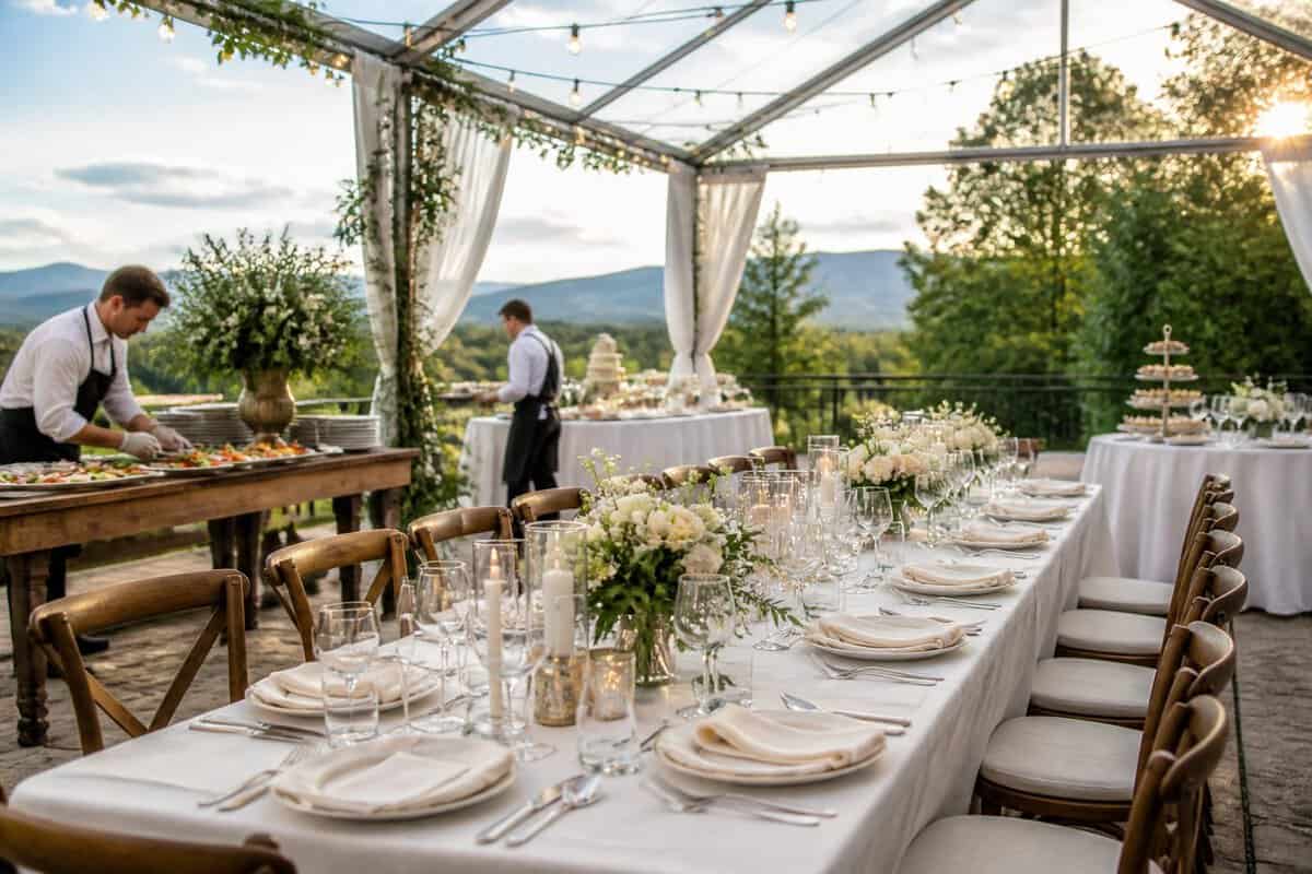 Elegant outdoor wedding reception with a decorated banquet table and scenic wooded hills in the background.