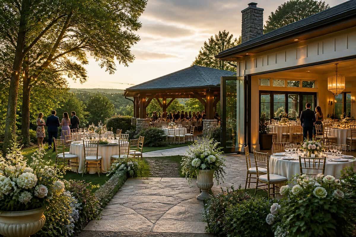 Elegant wedding venue with garden, pavilion, and indoor reception spaces prepared for a celebration.