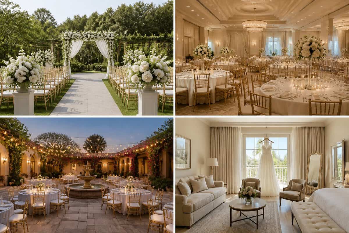 A four-panel view of elegant wedding ceremony, reception, terrace, and bridal suite spaces.