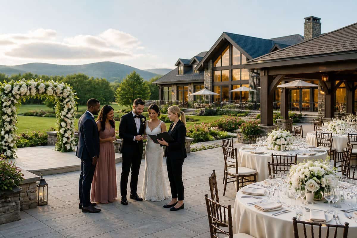 An elegant wedding venue with decorated reception tables, a ceremony arch, and guests gathered in a landscaped outdoor setting.