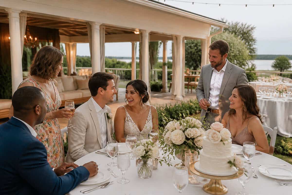 A newlywed couple celebrates with guests at an elegant outdoor wedding reception venue.