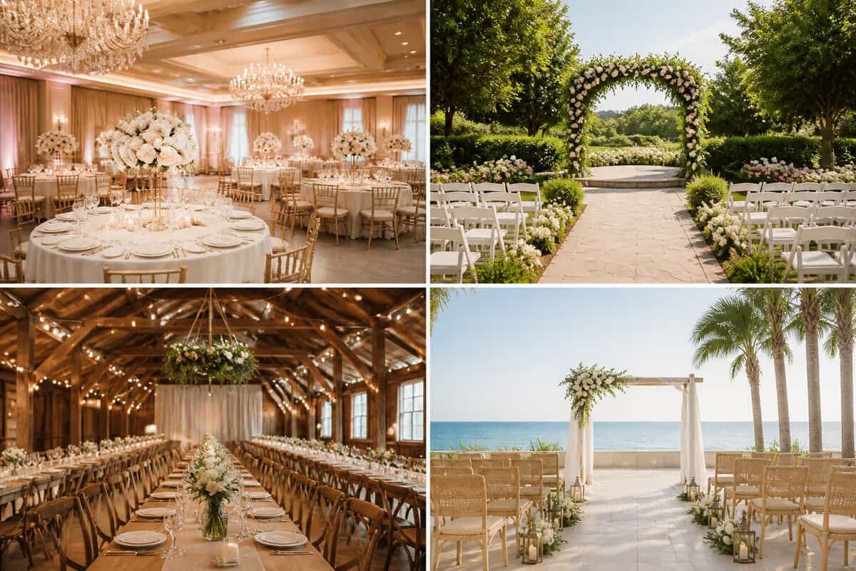 Four elegant wedding venues featuring a ballroom, garden, rustic barn, and coastal setting.