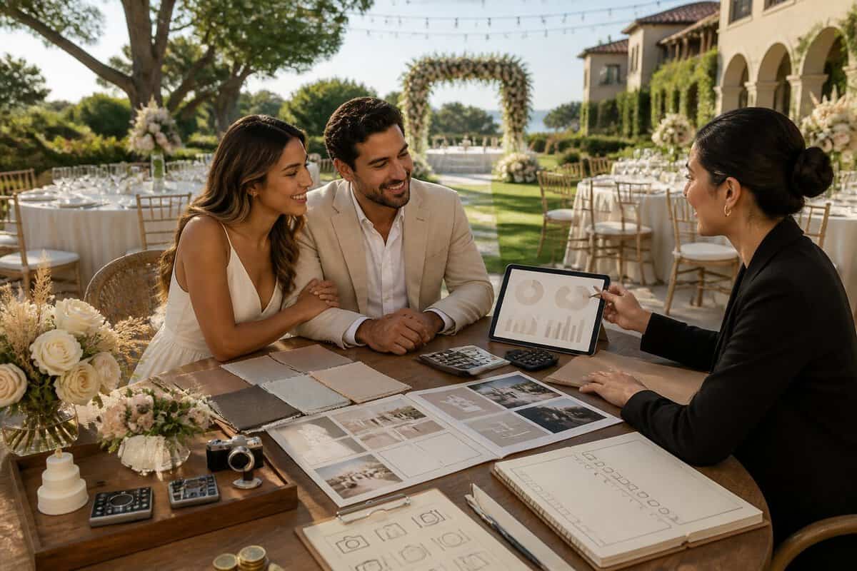 A couple compares wedding service packages with a coordinator at an elegant all-inclusive venue.