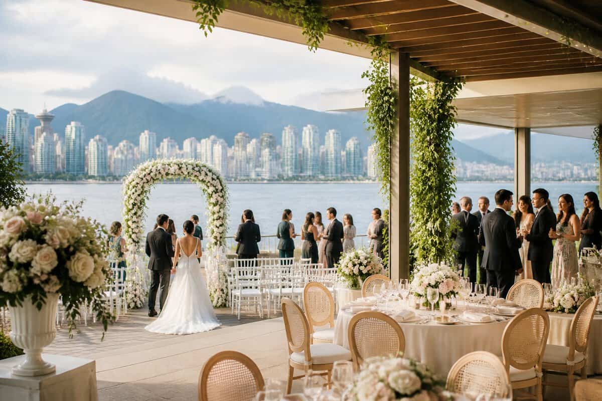 An elegant waterfront wedding venue in Vancouver with floral decorations, seated guests, and mountains in the background.