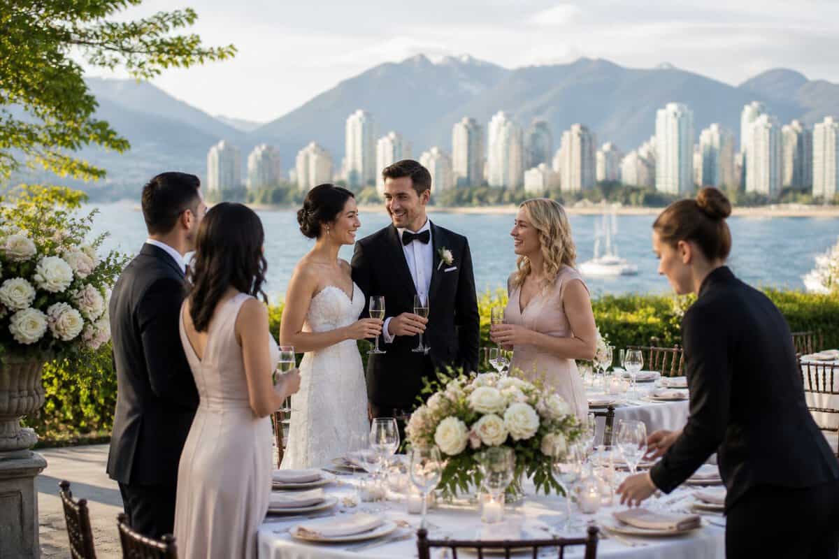 A newlywed couple celebrates with guests at an elegant Vancouver wedding reception overlooking the city and mountains.