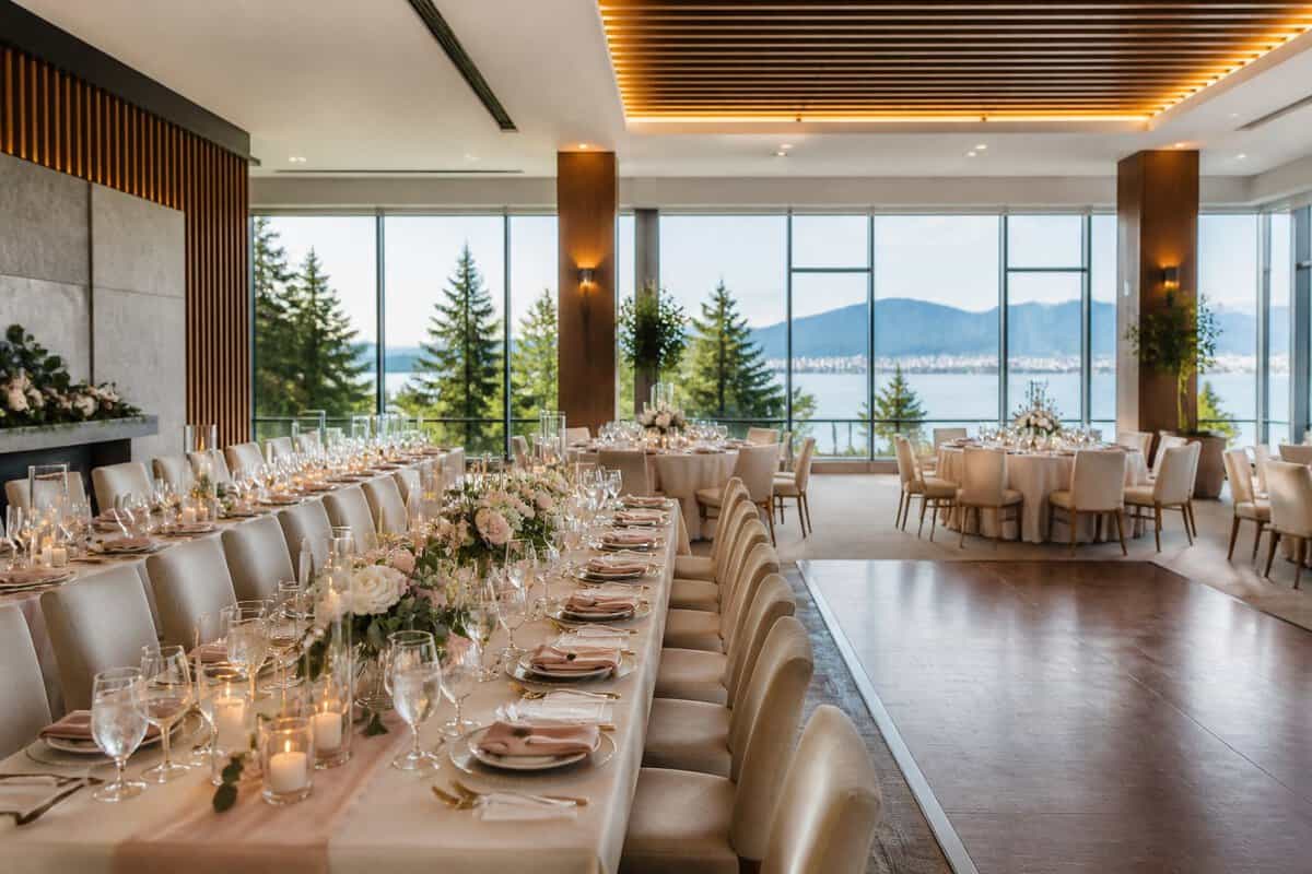 Elegant wedding reception venue with varied table arrangements and Vancouver scenery visible through large windows.