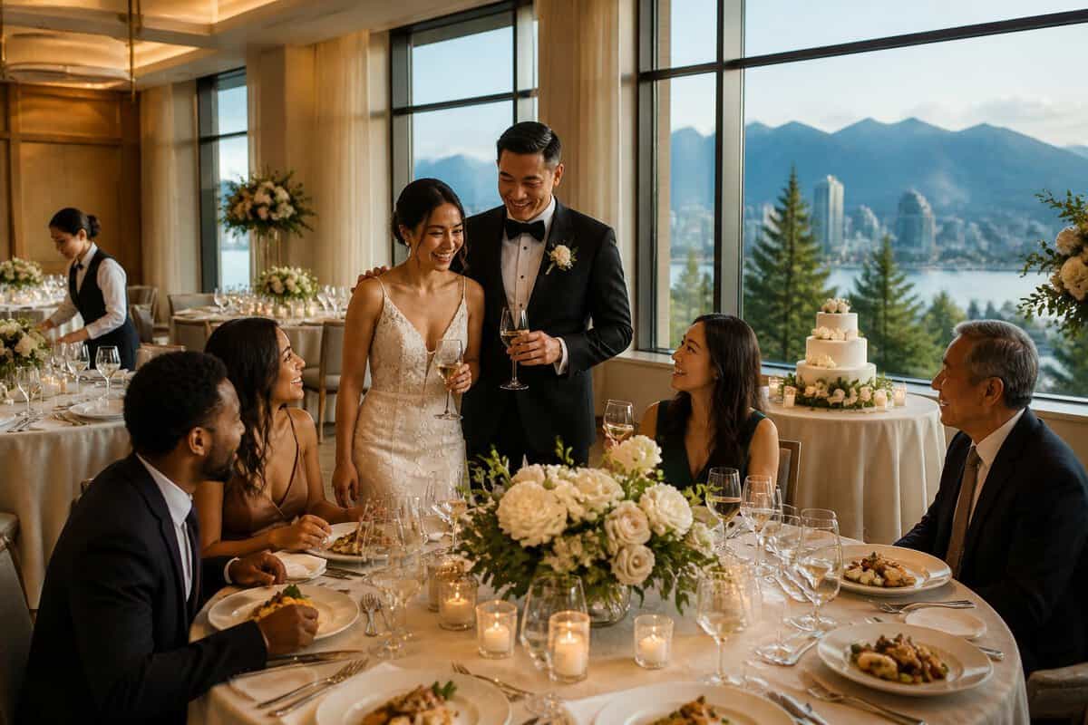 Newlyweds and guests celebrate at an elegant Vancouver wedding venue with a decorated reception table and mountain views.