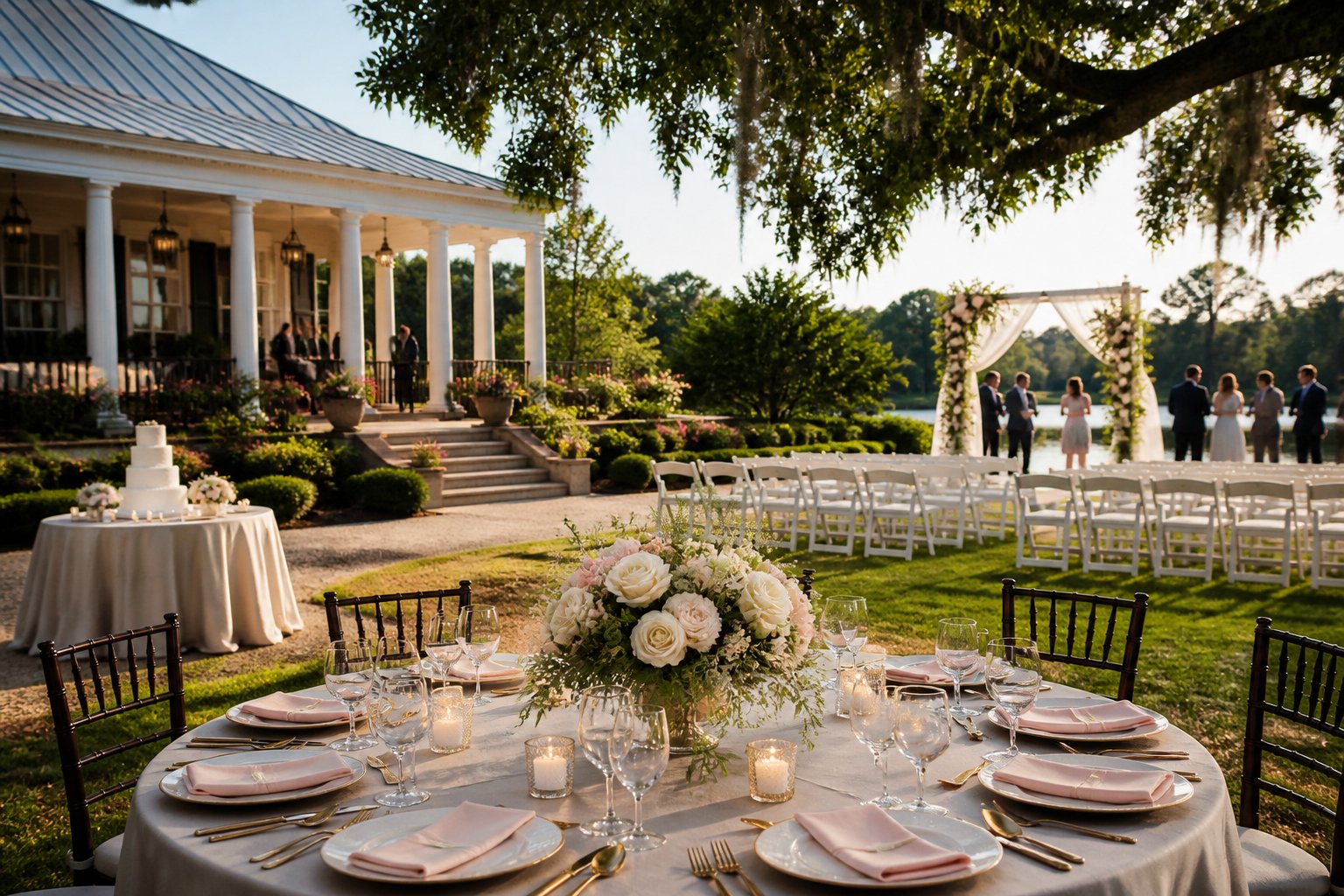 Elegant wedding venue with a garden ceremony area, floral arch, reception tables, and landscaped grounds.