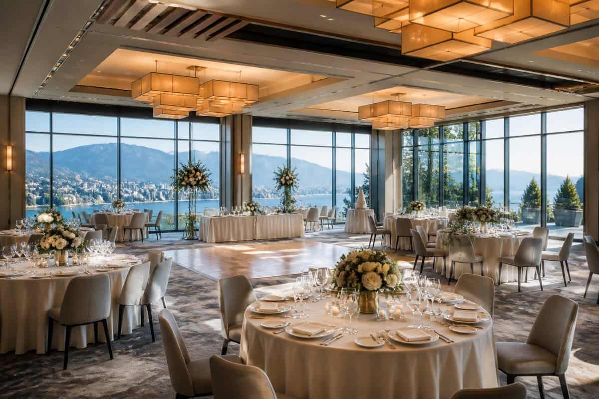 Elegant wedding reception venue with decorated tables and large windows overlooking Vancouver.