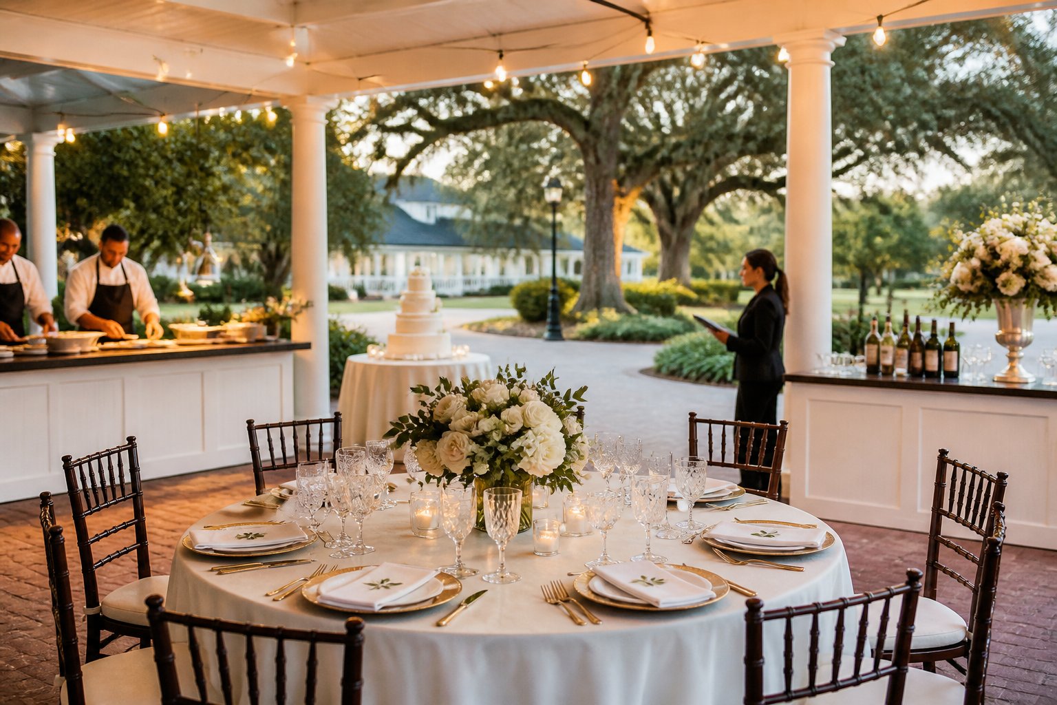 Elegant all-inclusive wedding reception with decorated tables, catering service, and landscaped outdoor venue.